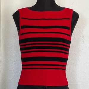 Vintage Red and Black Striped Ribbed Knit Sleeveless Boat Neck Top Tank